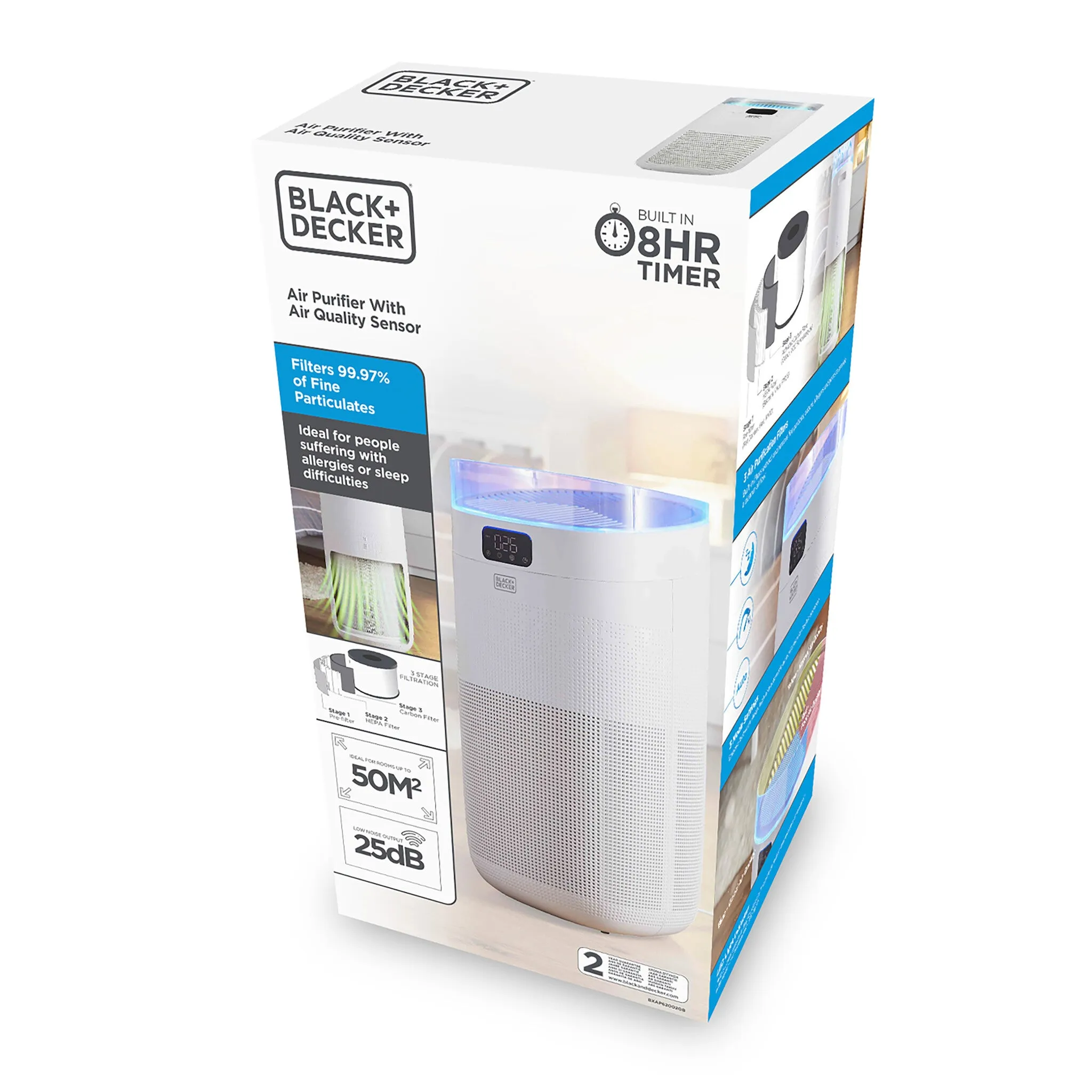 Black & Decker BXAP62002GB Air Purifier with Air Quality Sensor and 8 Hour Timer - White