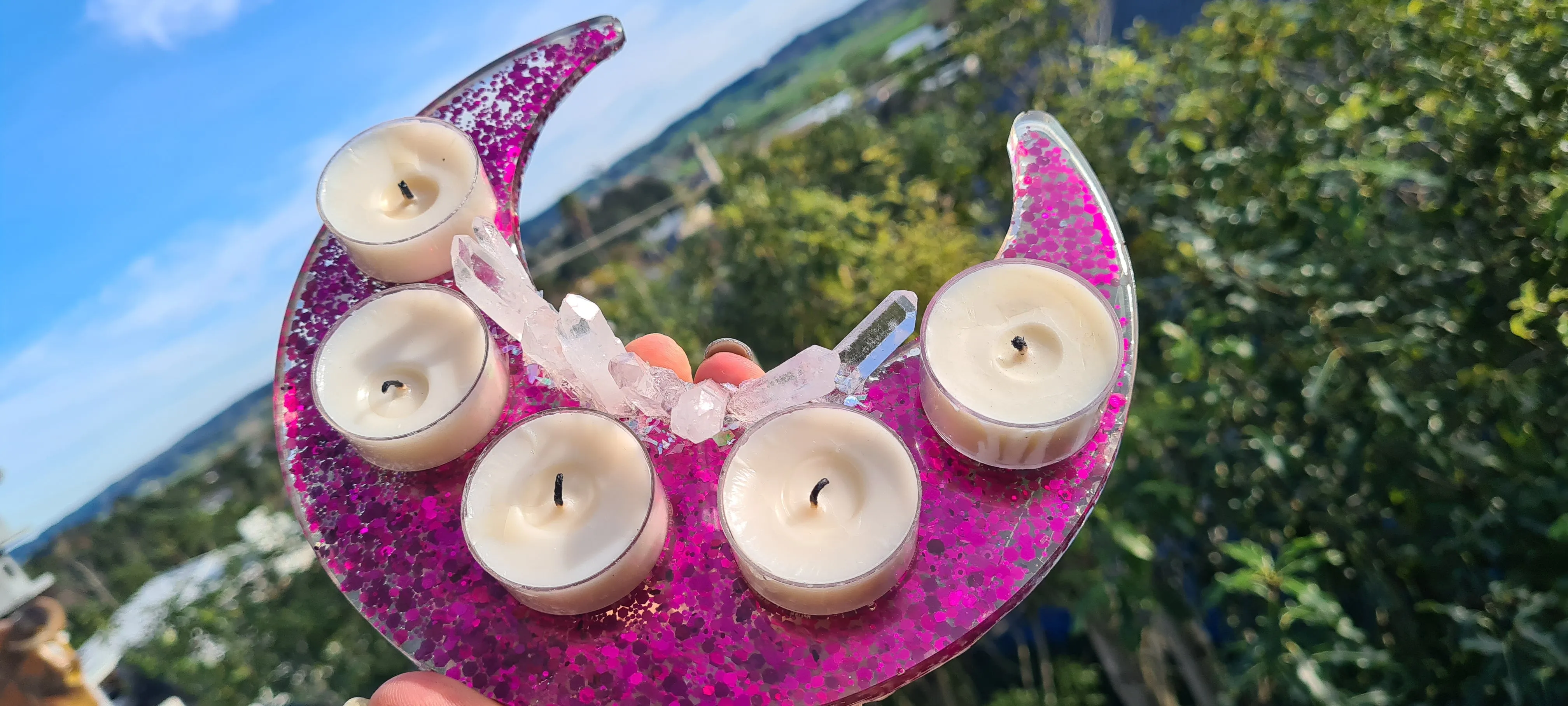 CRYSTAL CRESCENT MOON T LIGHT HOLDER MADE BY ME