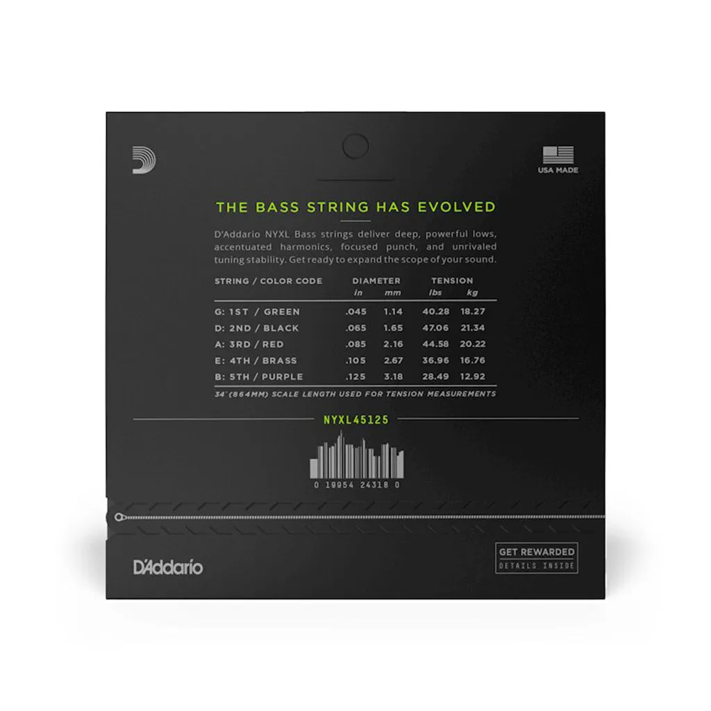 D'Addario NYXL45125 Nickel Wound Bass Guitar Strings, 5-String Lt Top / Med Btm, 45-125, Long Scale