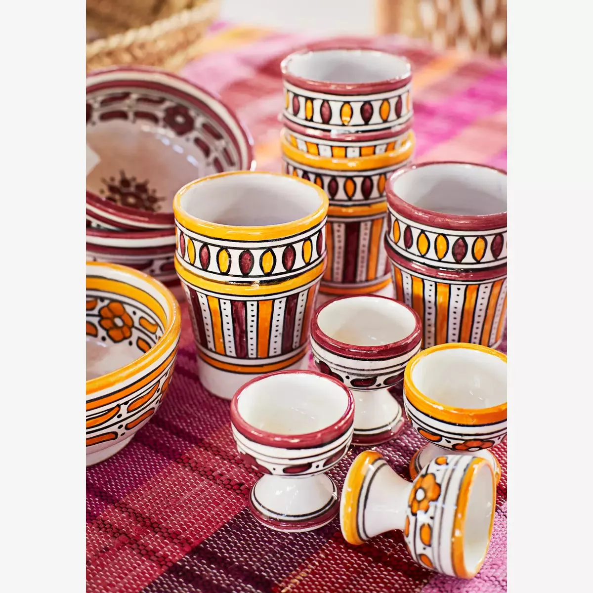Hand Painted Stoneware Egg Cupp - Off White & Red