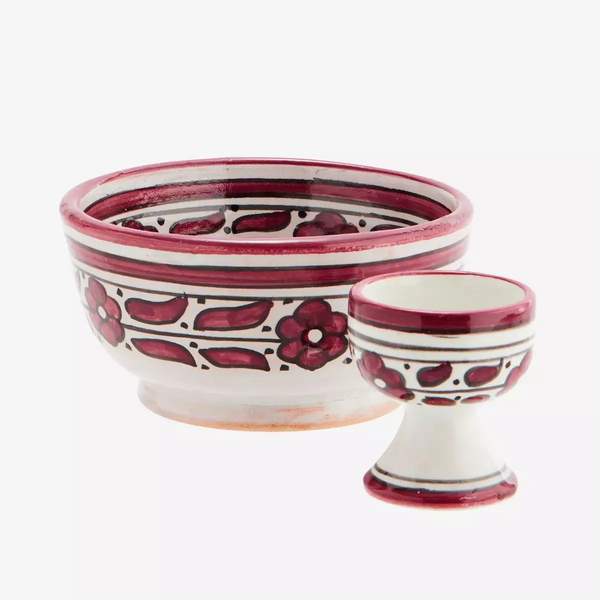 Hand Painted Stoneware Egg Cupp - Off White & Red