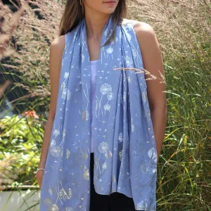 Lightweight Dandelion Print Scarf with Metallic Foil | Denim Blue