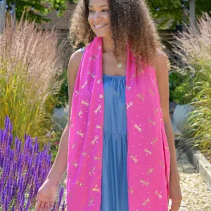 Lightweight Dragonfly Print Scarf with Metallic Foil | Hot Pink