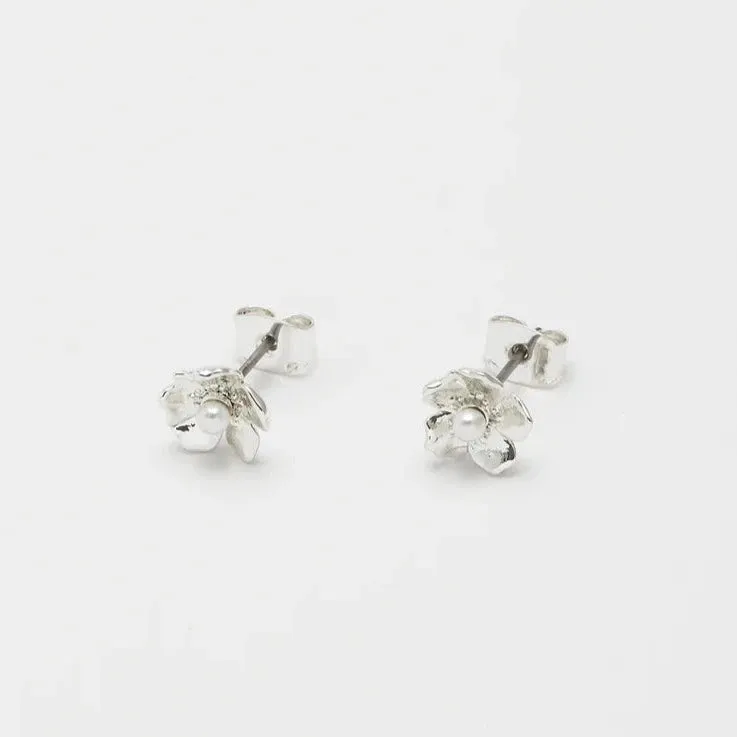 Petite Pearl Buttercup Stud Earrings | Silver Plated