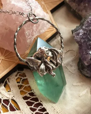 The Green Faerie Crystal Pendant - Fluorite Point - Silver - Dragonfly Clasp